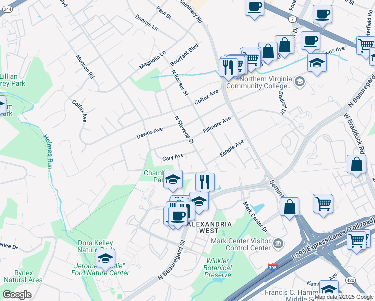 map of restaurants, bars, coffee shops, grocery stores, and more near 5511 Gary Avenue in Alexandria