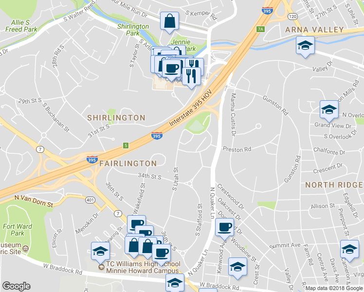 map of restaurants, bars, coffee shops, grocery stores, and more near 3235 South Utah Street in Arlington