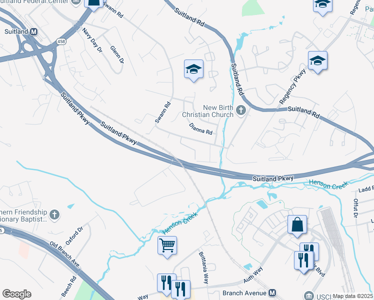 map of restaurants, bars, coffee shops, grocery stores, and more near 3811 Swann Road in Suitland-Silver Hill