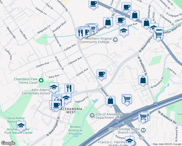 map of restaurants, bars, coffee shops, grocery stores, and more near 5137 Heritage Lane in Alexandria