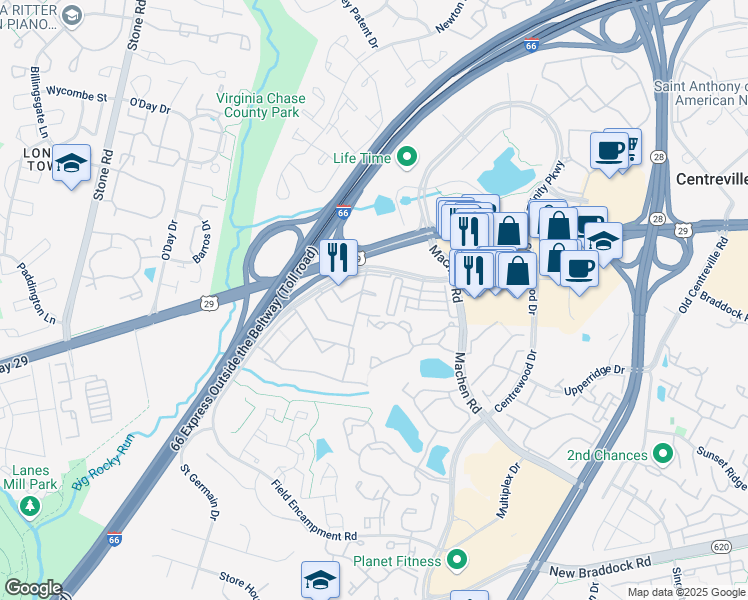 map of restaurants, bars, coffee shops, grocery stores, and more near 14351 Saguaro Place in Centreville