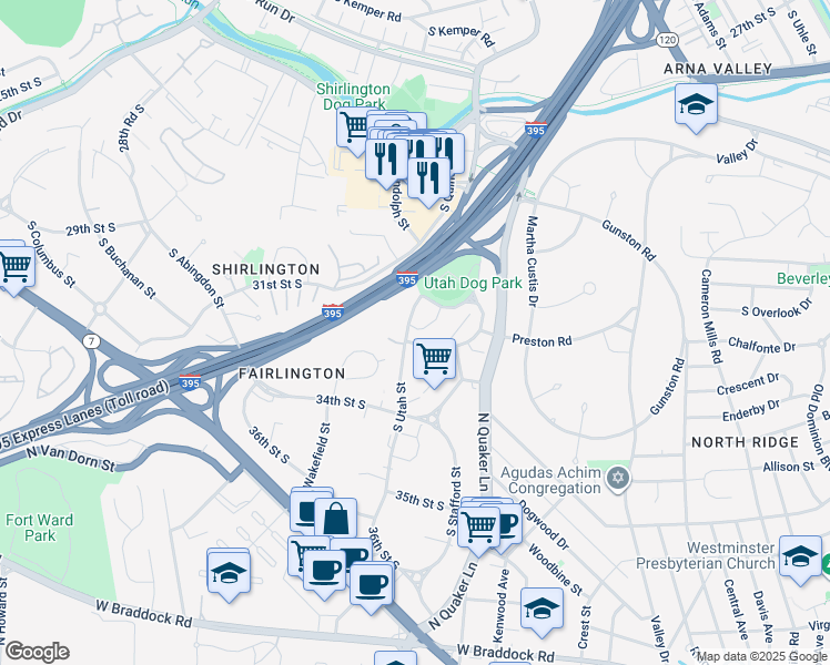 map of restaurants, bars, coffee shops, grocery stores, and more near 3235 South Utah Street in Arlington