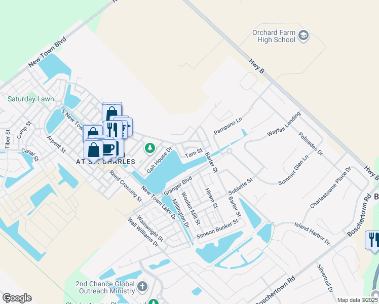 map of restaurants, bars, coffee shops, grocery stores, and more near 3536 Tarn Street in Saint Charles