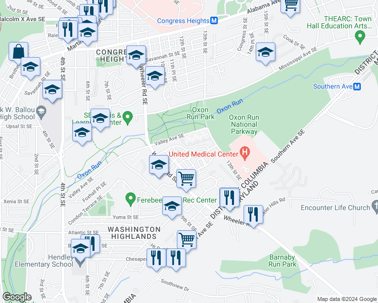 map of restaurants, bars, coffee shops, grocery stores, and more near 1100 Varney Street Southeast in Washington