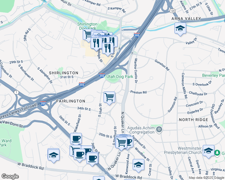 map of restaurants, bars, coffee shops, grocery stores, and more near 4233 32nd Road South in Arlington