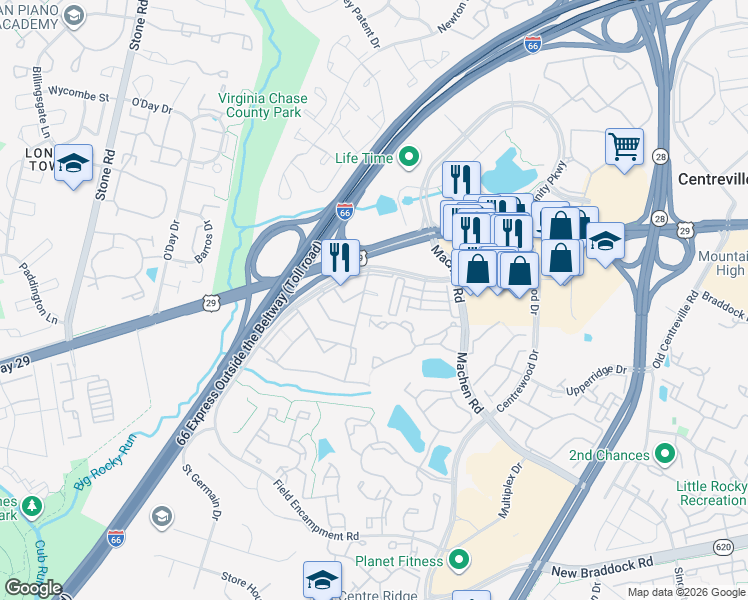 map of restaurants, bars, coffee shops, grocery stores, and more near 14375 Saguaro Place in Centreville