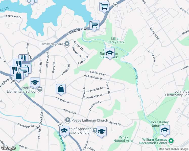map of restaurants, bars, coffee shops, grocery stores, and more near 6216 Yellowstone Drive in Alexandria