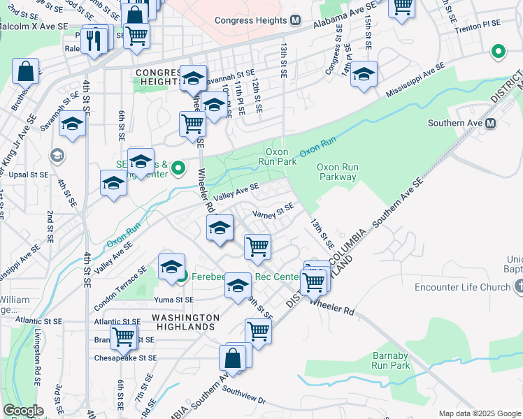 map of restaurants, bars, coffee shops, grocery stores, and more near 1100 Varney Street Southeast in Washington