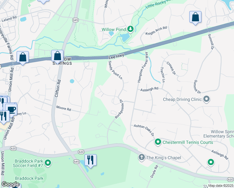map of restaurants, bars, coffee shops, grocery stores, and more near 5426 Sandy Point Lane in Clifton