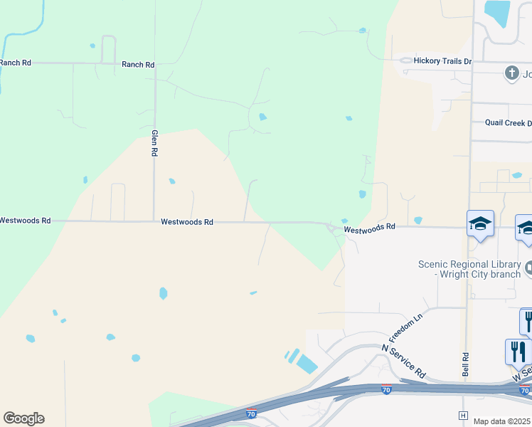 map of restaurants, bars, coffee shops, grocery stores, and more near 15097 Westwoods Road in Wright City