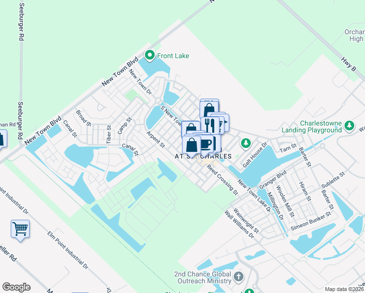 map of restaurants, bars, coffee shops, grocery stores, and more near 3248 Domain Street in Saint Charles