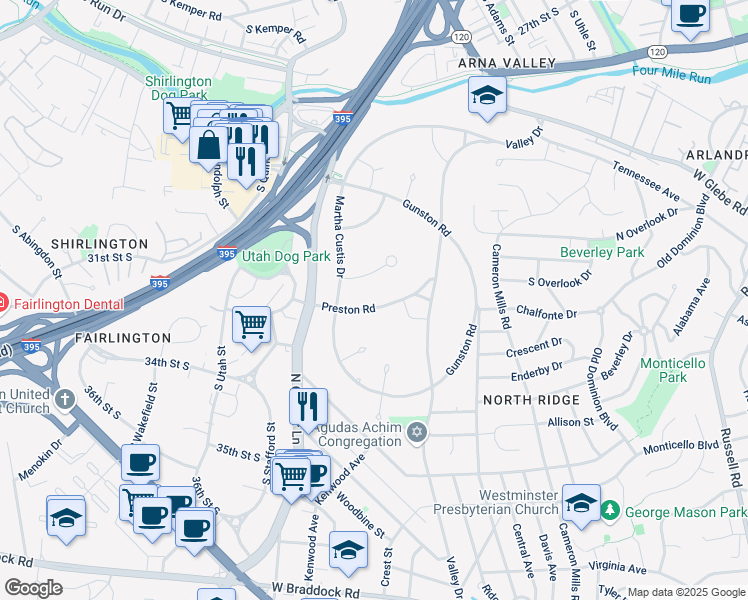 map of restaurants, bars, coffee shops, grocery stores, and more near 1707 Preston Road in Alexandria