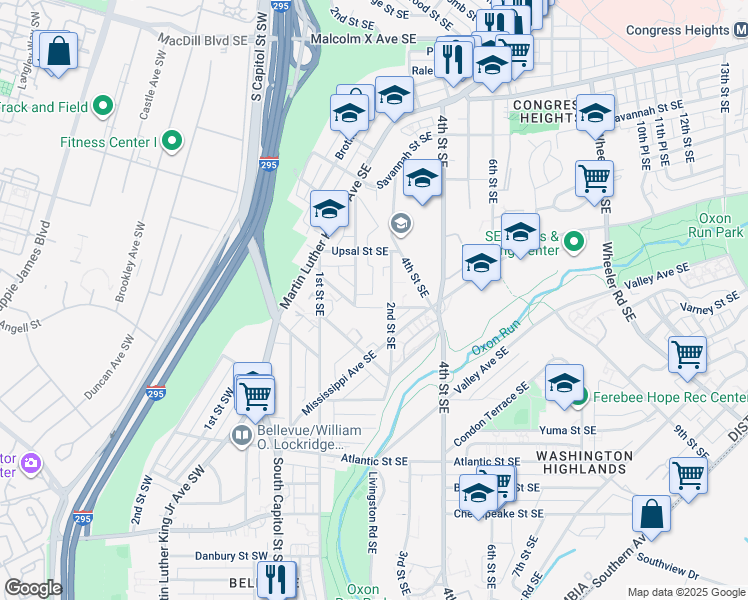 map of restaurants, bars, coffee shops, grocery stores, and more near 140 Wilmington Place Southeast in Washington