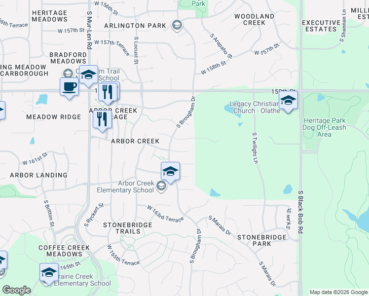 map of restaurants, bars, coffee shops, grocery stores, and more near 15920 West 161st Street in Olathe