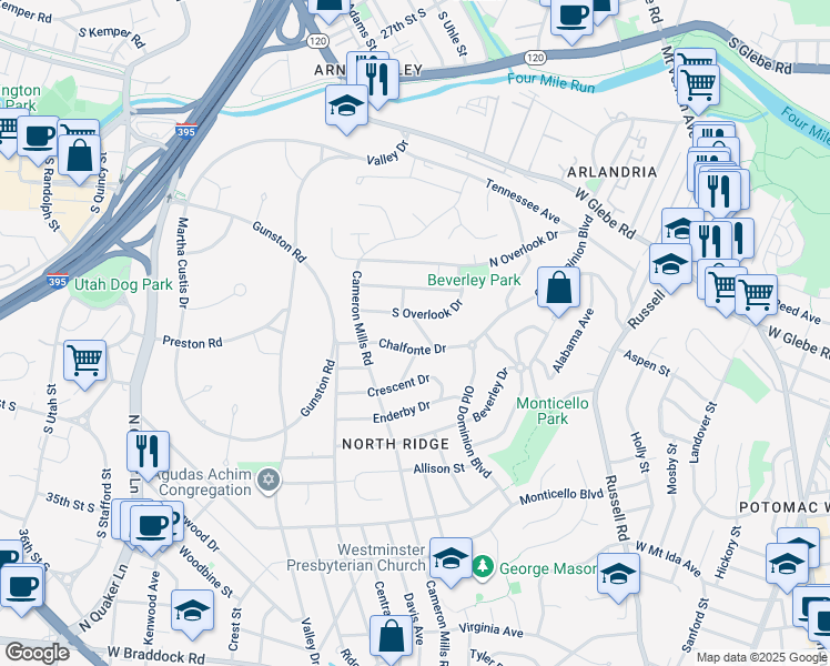 map of restaurants, bars, coffee shops, grocery stores, and more near 3408 Gilden Drive in Alexandria