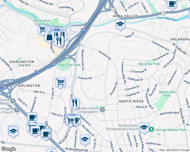 map of restaurants, bars, coffee shops, grocery stores, and more near 1661 Preston Road in Alexandria
