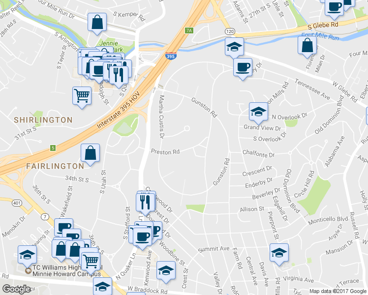 map of restaurants, bars, coffee shops, grocery stores, and more near 1661 Preston Road in Alexandria