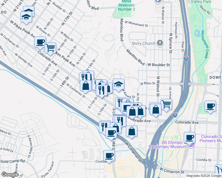 map of restaurants, bars, coffee shops, grocery stores, and more near 1012 West Pikes Peak Avenue in Colorado Springs
