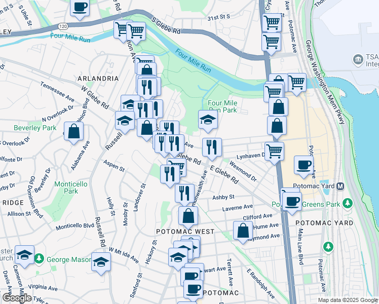 map of restaurants, bars, coffee shops, grocery stores, and more near 25 West Glebe Road in Alexandria