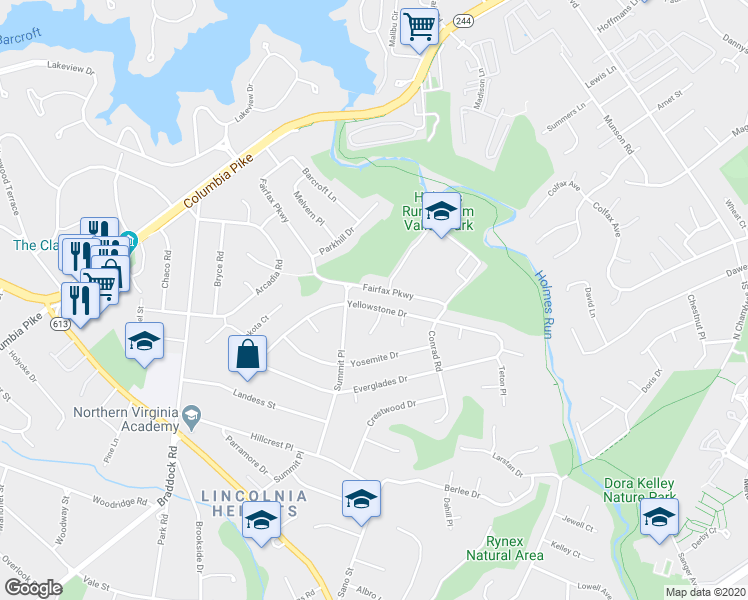 map of restaurants, bars, coffee shops, grocery stores, and more near 6218 Yellowstone Drive in Alexandria