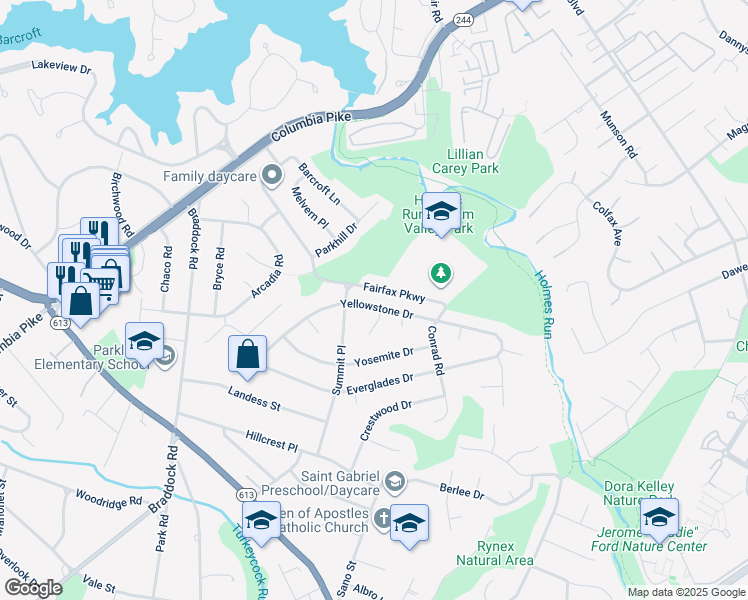 map of restaurants, bars, coffee shops, grocery stores, and more near 6218 Yellowstone Drive in Alexandria