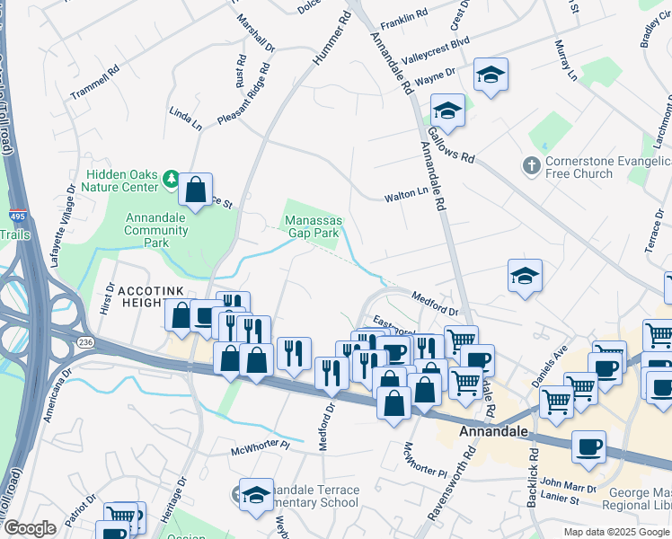 map of restaurants, bars, coffee shops, grocery stores, and more near 4100 Wadsworth Court in Annandale