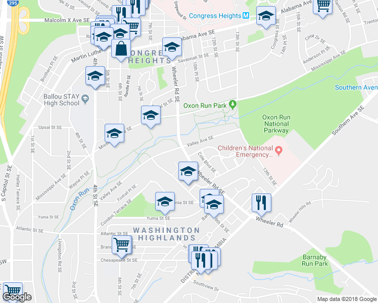 map of restaurants, bars, coffee shops, grocery stores, and more near 3904 Wheeler Road Southeast in Washington