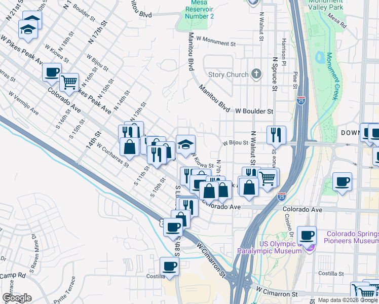 map of restaurants, bars, coffee shops, grocery stores, and more near 827 West Kiowa Street in Colorado Springs