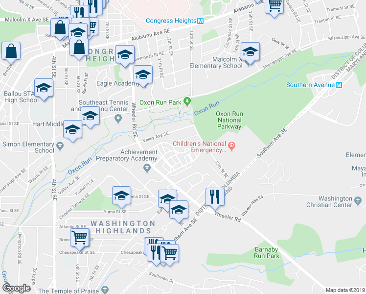 map of restaurants, bars, coffee shops, grocery stores, and more near 1112 Varney Street Southeast in Washington