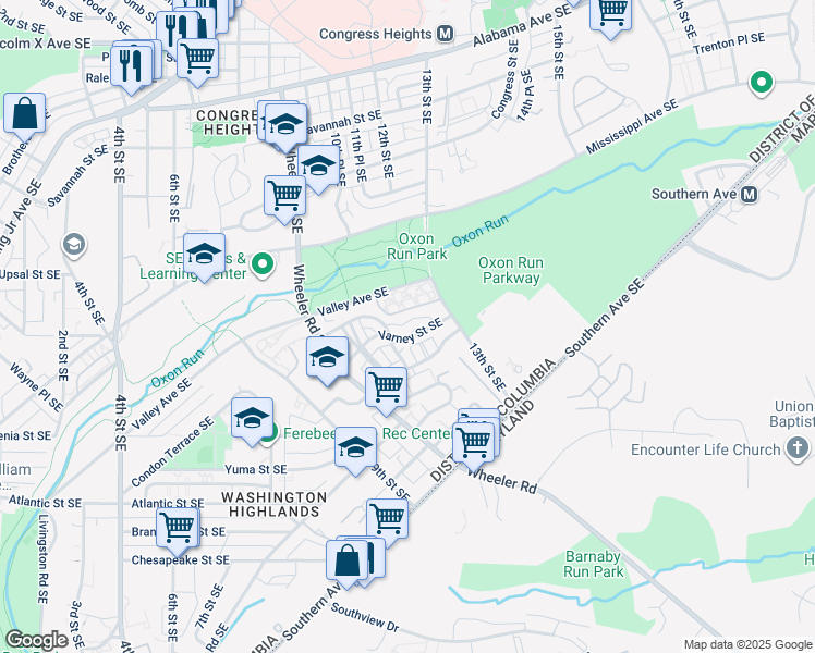map of restaurants, bars, coffee shops, grocery stores, and more near 1112 Varney Street Southeast in Washington