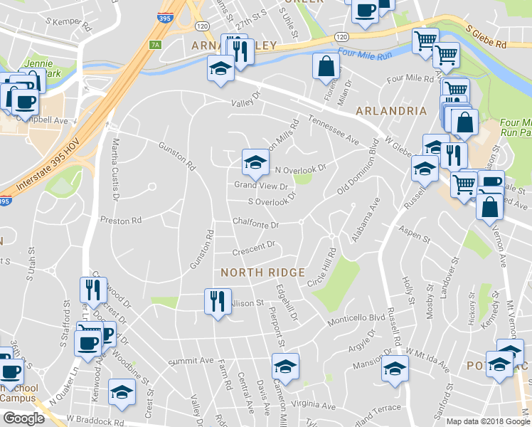 map of restaurants, bars, coffee shops, grocery stores, and more near 3408 Gilden Drive in Alexandria