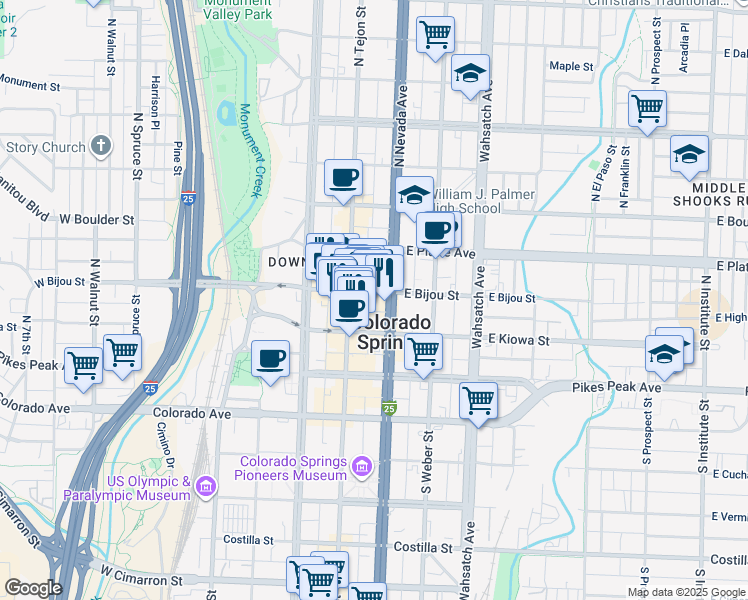 map of restaurants, bars, coffee shops, grocery stores, and more near 131 North Tejon Street in Colorado Springs
