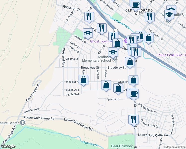 map of restaurants, bars, coffee shops, grocery stores, and more near 1121 Market Street in Colorado Springs