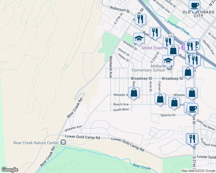map of restaurants, bars, coffee shops, grocery stores, and more near 1318 Westend Avenue in Colorado Springs