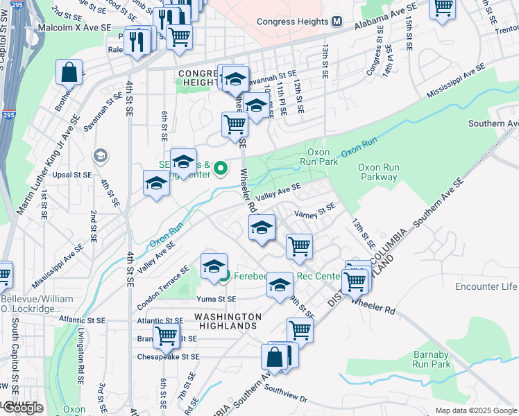 map of restaurants, bars, coffee shops, grocery stores, and more near 3904 Wheeler Road Southeast in Washington