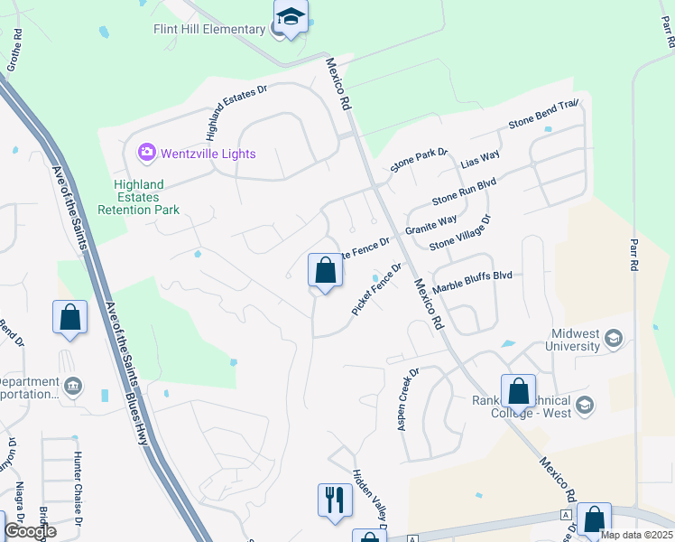map of restaurants, bars, coffee shops, grocery stores, and more near 522 White Fence Drive in Wentzville