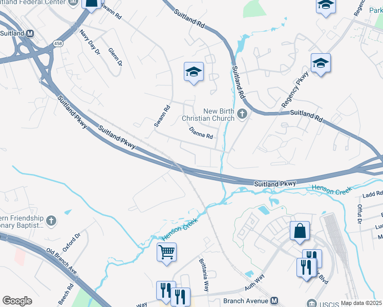 map of restaurants, bars, coffee shops, grocery stores, and more near 3807 Swann Road in Suitland-Silver Hill