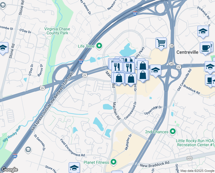 map of restaurants, bars, coffee shops, grocery stores, and more near 14258 Woven Willow Lane in Centreville