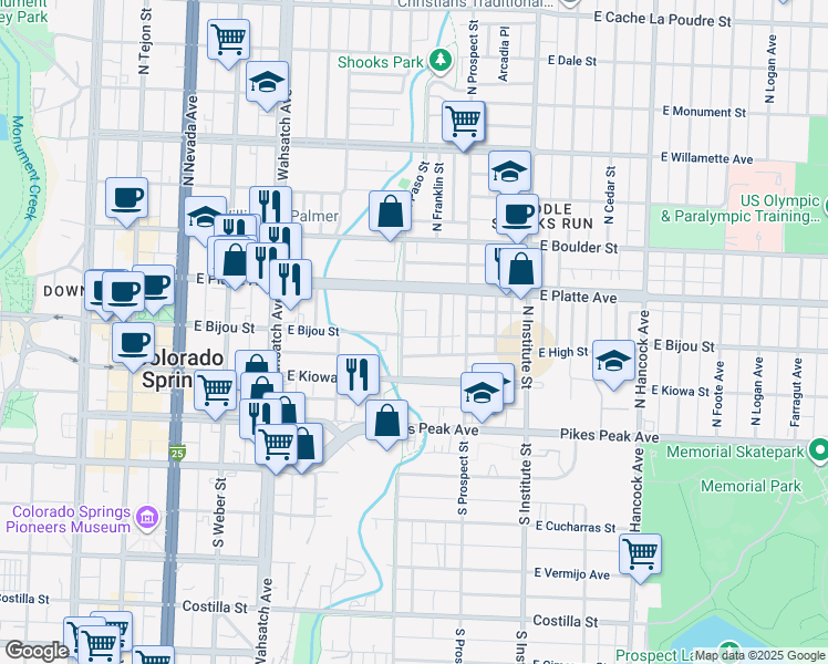 map of restaurants, bars, coffee shops, grocery stores, and more near 217 North El Paso Street in Colorado Springs