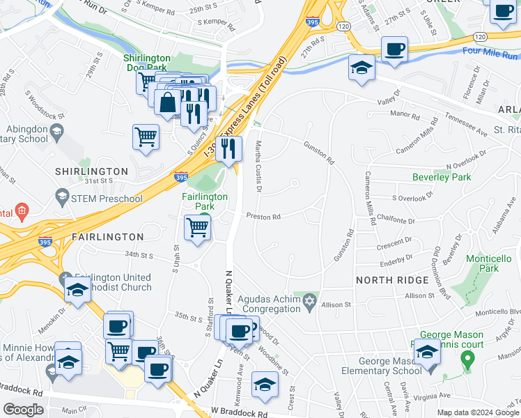 map of restaurants, bars, coffee shops, grocery stores, and more near 3405 Martha Custis Drive in Alexandria