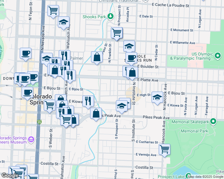 map of restaurants, bars, coffee shops, grocery stores, and more near 219 North Franklin Street in Colorado Springs