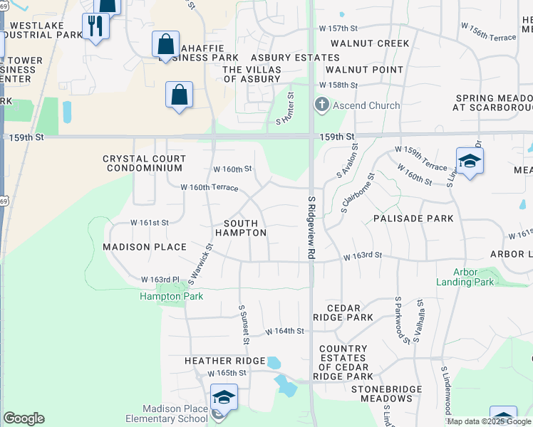 map of restaurants, bars, coffee shops, grocery stores, and more near 18563 West 161st Street in Olathe