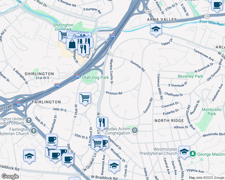 map of restaurants, bars, coffee shops, grocery stores, and more near 3405 Martha Custis Drive in Alexandria