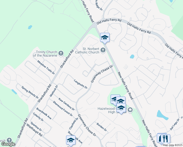 map of restaurants, bars, coffee shops, grocery stores, and more near 3558 Whispering Woods Drive in Florissant
