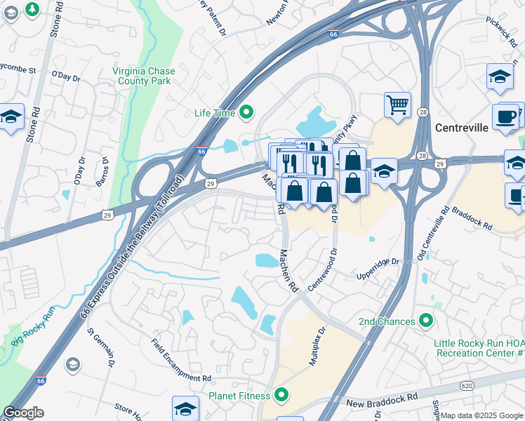 map of restaurants, bars, coffee shops, grocery stores, and more near 14264 Woven Willow Lane in Centreville