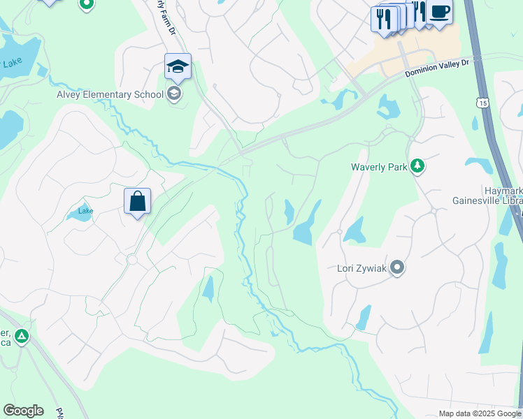 map of restaurants, bars, coffee shops, grocery stores, and more near 5628 Wheelwright Way in Haymarket