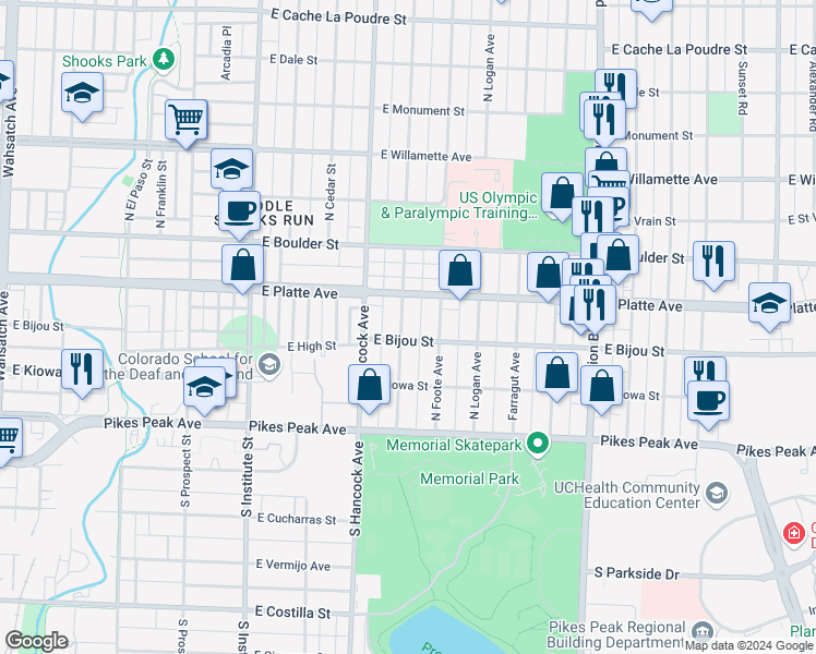 map of restaurants, bars, coffee shops, grocery stores, and more near 207 North Sheridan Avenue in Colorado Springs