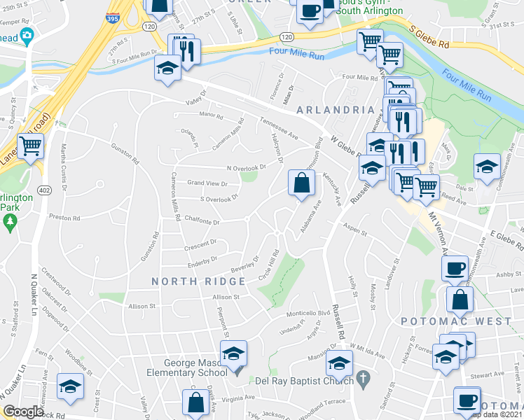 map of restaurants, bars, coffee shops, grocery stores, and more near 3303 Old Dominion Boulevard in Alexandria