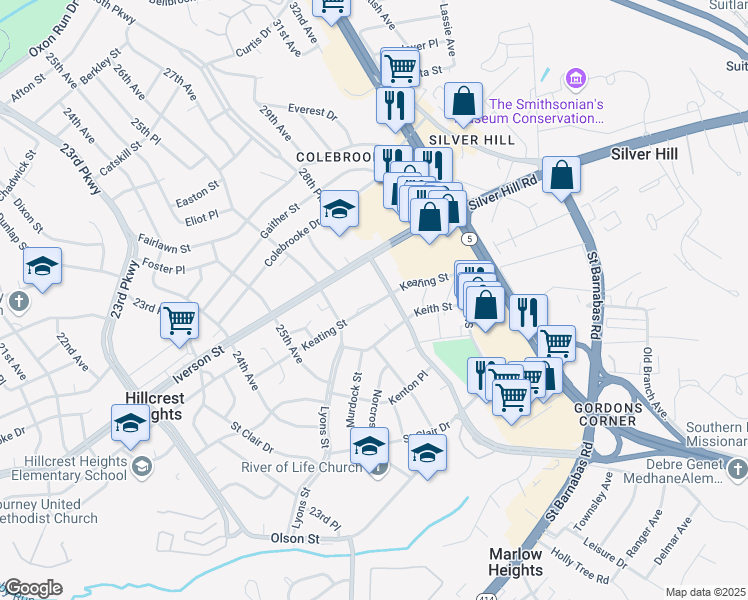 map of restaurants, bars, coffee shops, grocery stores, and more near 2734 Keating Street in Temple Hills