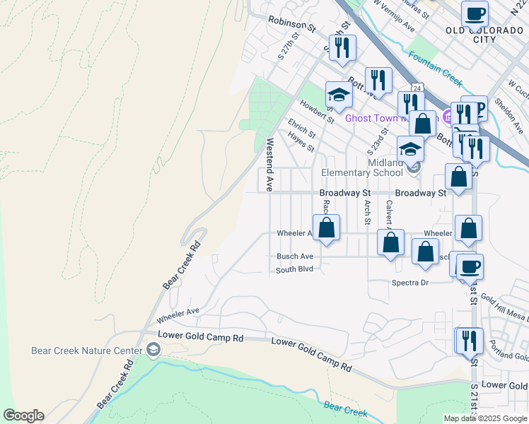 map of restaurants, bars, coffee shops, grocery stores, and more near 1318 Westend Avenue in Colorado Springs